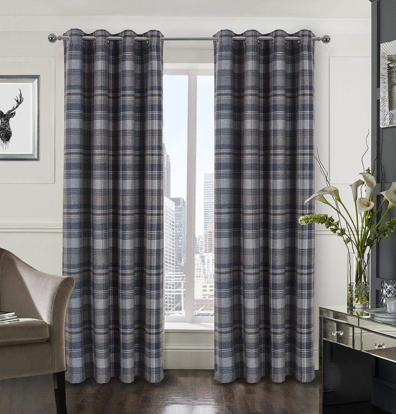 always4u Plaid Gingham Curtains for Living Room Bedroom Room Darkening Check Country Curtains 2 Panels Striped Grommet Window Treatments 54X63 Inch Blue and Brown - Image 1